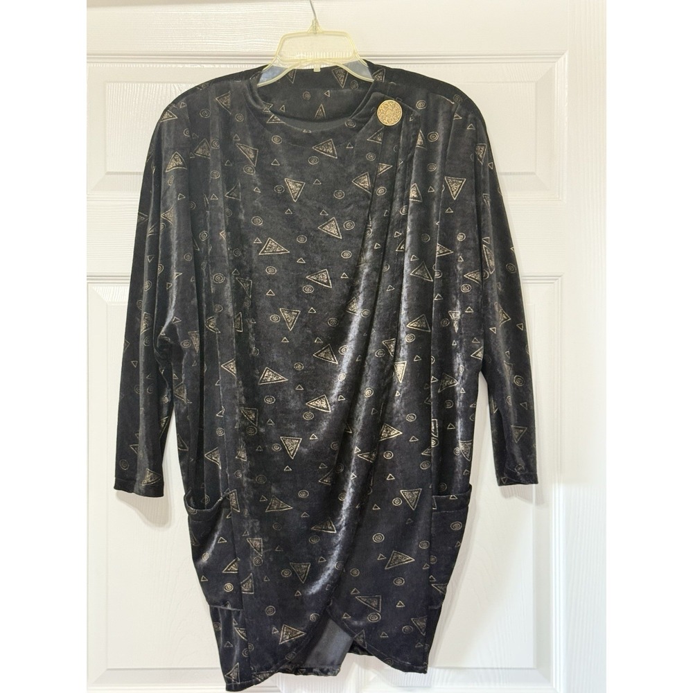 Vintage Suede & Angora Black with Accent, Long Jacket France Pockets Geometric